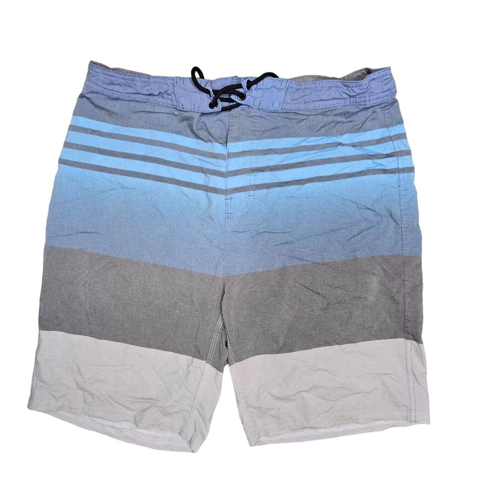 Burnside Mens Size 30 Striped Swim Shorts Blue Gray Drawstring Waist zip Pocket